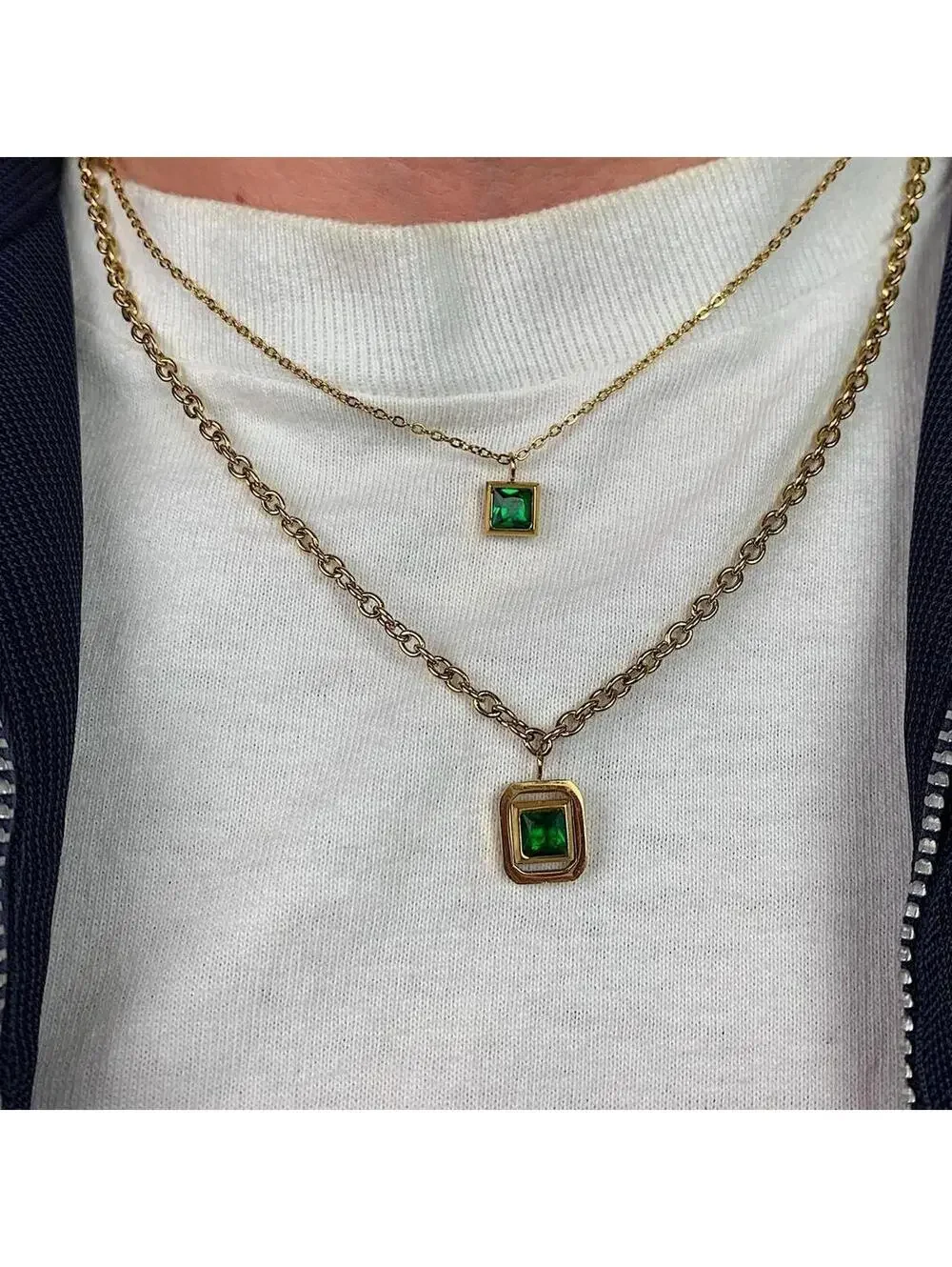 Vintage Style Classy Double Gold Chain Green jewel opal pendant necklace. Gold P